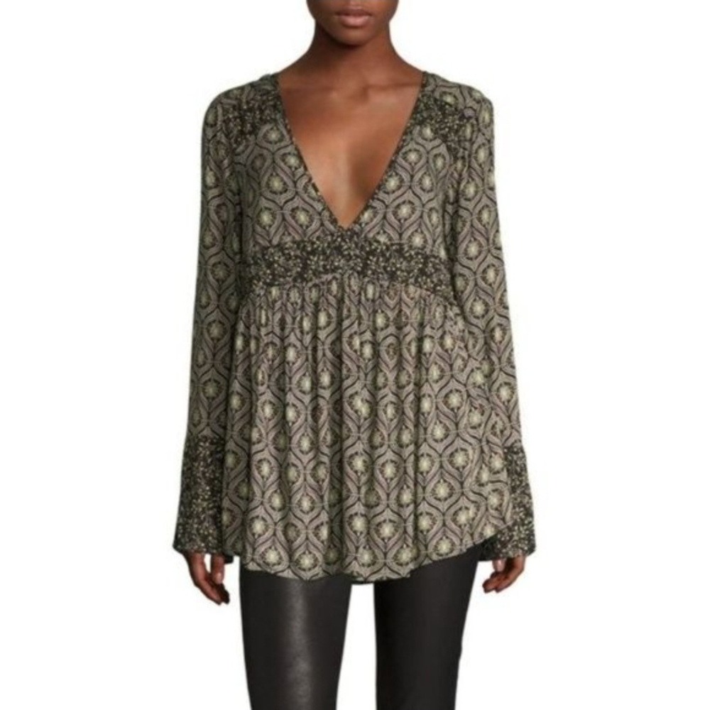Free People Rolling Hills Tunic Oversized Mixed Print Boho Top Small Black Olive
